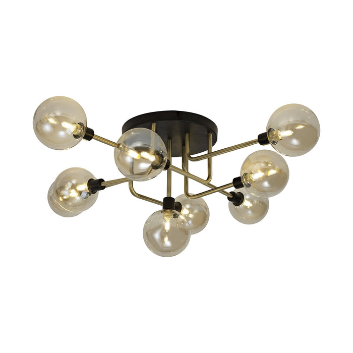 Nelson Lighting NL77319 Dylon Flush Ceiling 9 Light Matt Black/Antique Brass/Cognac Glass