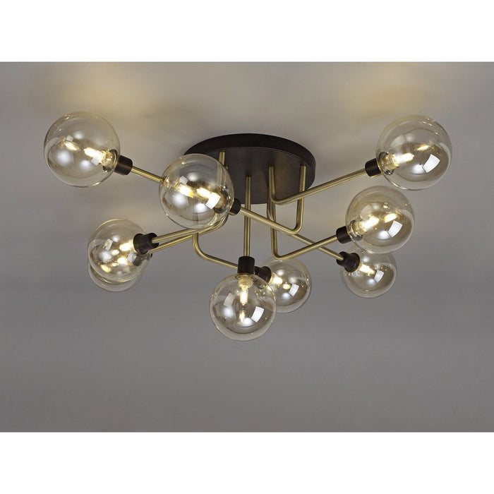 Nelson Lighting NL77319 Dylon Flush Ceiling 9 Light Matt Black/Antique Brass/Cognac Glass