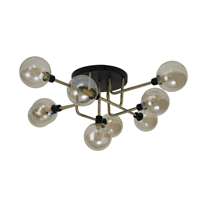 Nelson Lighting NL77319 Dylon Flush Ceiling 9 Light Matt Black/Antique Brass/Cognac Glass