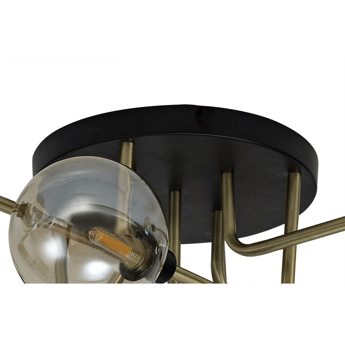 Nelson Lighting NL77319 Dylon Flush Ceiling 9 Light Matt Black/Antique Brass/Cognac Glass