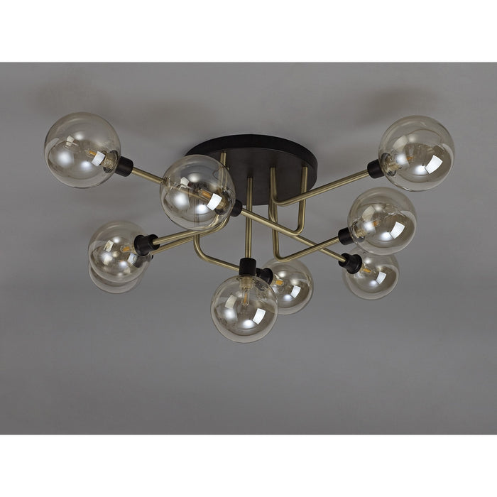 Nelson Lighting NL77319 Dylon Flush Ceiling 9 Light Matt Black/Antique Brass/Cognac Glass