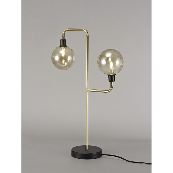 Nelson Lighting NL77349 Dylon Table Lamp 2 Light Matt Black/Antique Brass/Cognac Glass