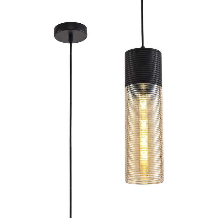 Nelson Lighting NL74049 Hedro Single Tube Pendant 1 Light Black/Amber Glass