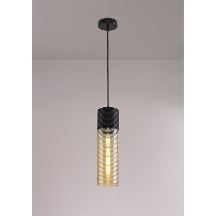 Nelson Lighting NL74049 Hedro Single Tube Pendant 1 Light Black/Amber Glass