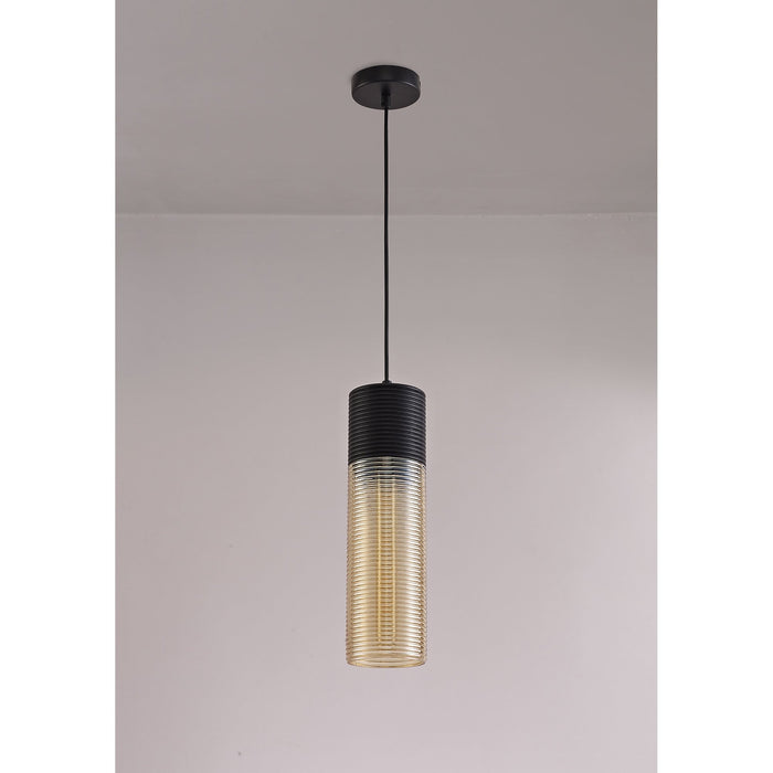 Nelson Lighting NL74049 Hedro Single Tube Pendant 1 Light Black/Amber Glass