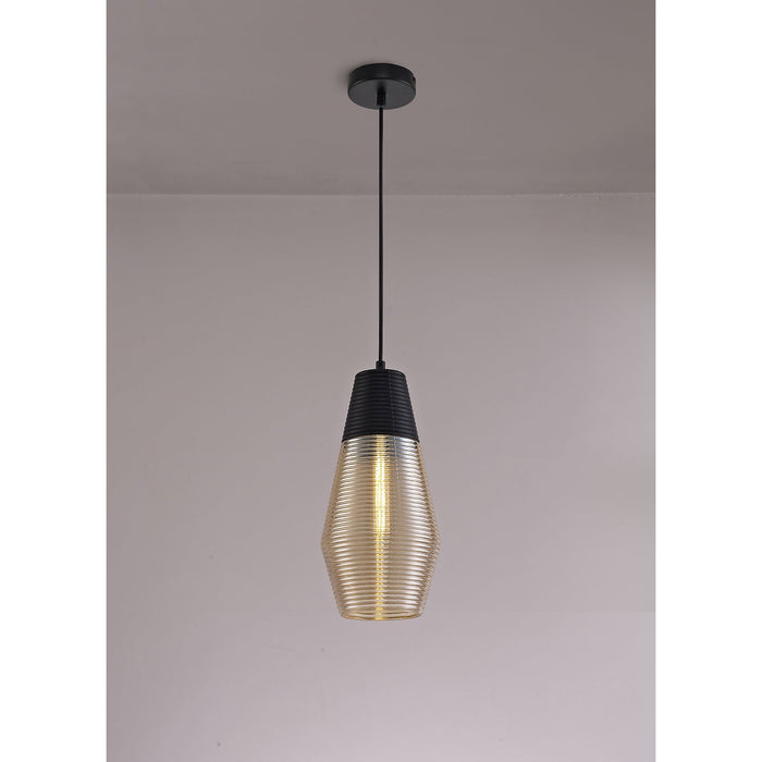 Nelson Lighting NL74069 Hedro Single Cone Pendant 1 Light Black/Amber Glass