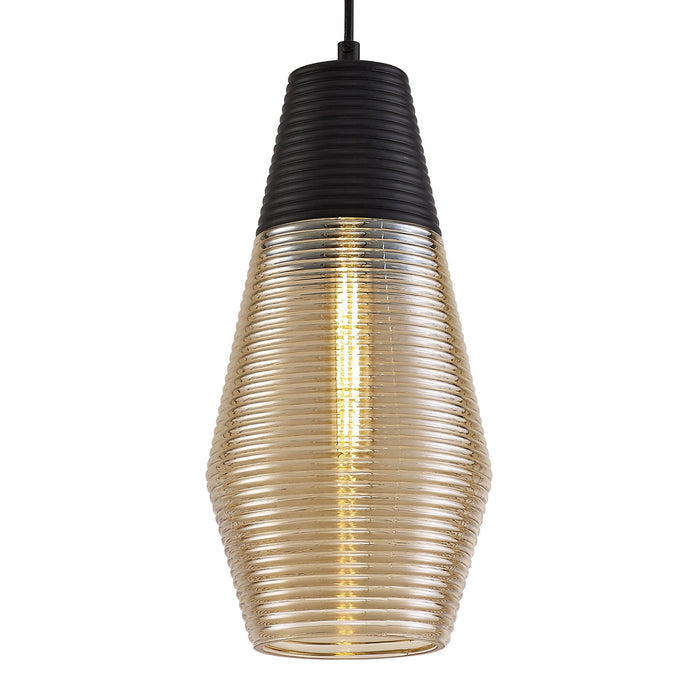 Nelson Lighting NL74069 Hedro Single Cone Pendant 1 Light Black/Amber Glass