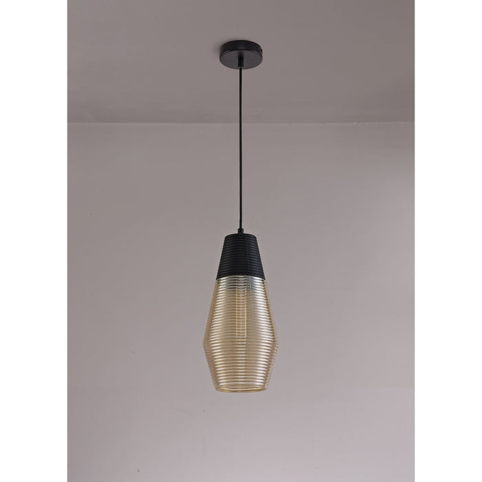 Nelson Lighting NL74069 Hedro Single Cone Pendant 1 Light Black/Amber Glass