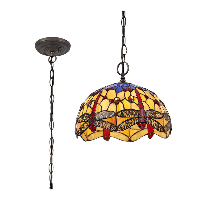 Nelson Lighting NLK00679 Heidi 1 Light Down Lighter Pendant With 30cm Tiffany Shade Blue/Orange/Crystal/Aged Antique Brass