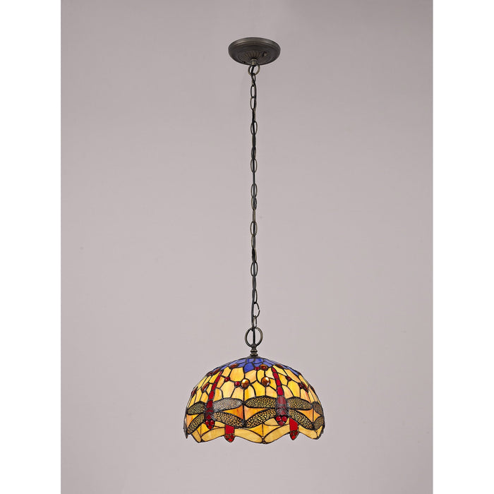 Nelson Lighting NLK00679 Heidi 1 Light Down Lighter Pendant With 30cm Tiffany Shade Blue/Orange/Crystal/Aged Antique Brass