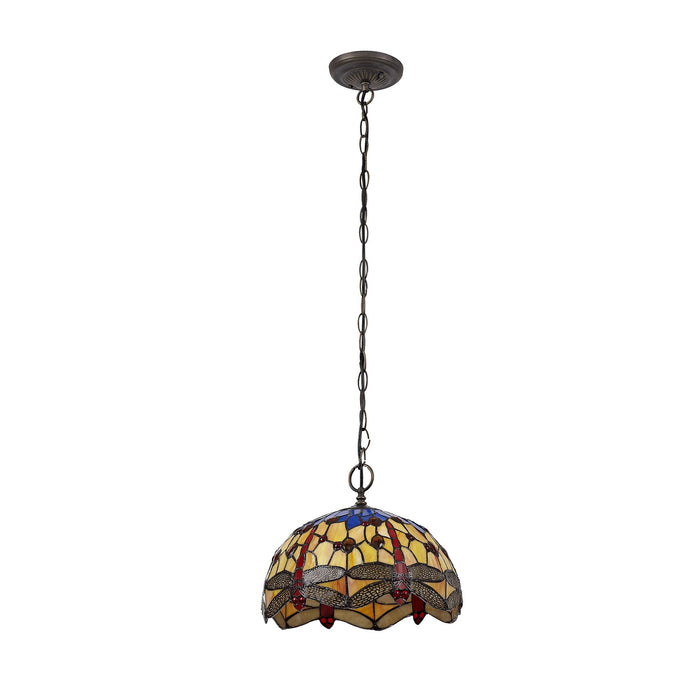 Nelson Lighting NLK00679 Heidi 1 Light Down Lighter Pendant With 30cm Tiffany Shade Blue/Orange/Crystal/Aged Antique Brass