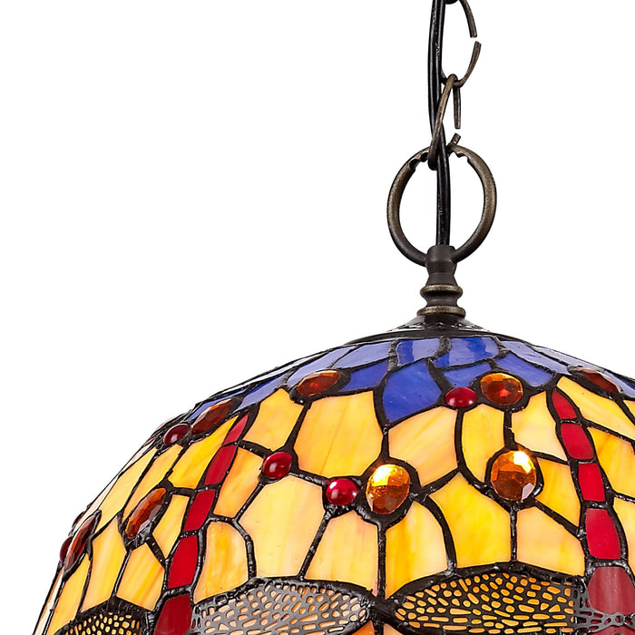 Nelson Lighting NLK00679 Heidi 1 Light Down Lighter Pendant With 30cm Tiffany Shade Blue/Orange/Crystal/Aged Antique Brass