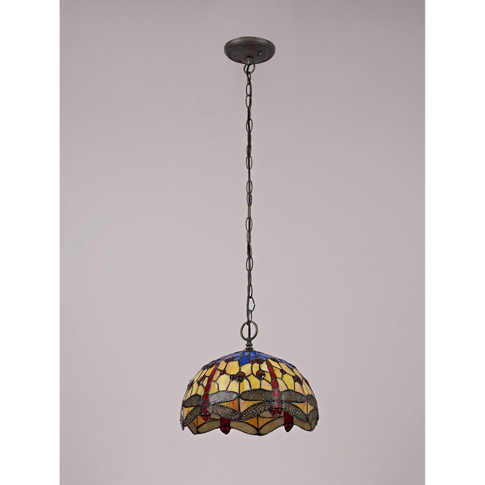 Nelson Lighting NLK00679 Heidi 1 Light Down Lighter Pendant With 30cm Tiffany Shade Blue/Orange/Crystal/Aged Antique Brass