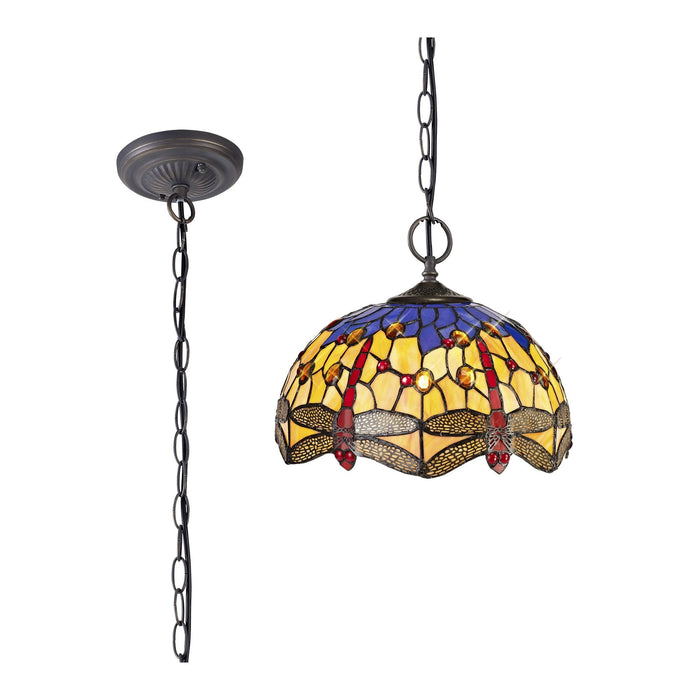 Nelson Lighting NLK00689 Heidi 2 Light Down Lighter Pendant With 30cm Tiffany Shade Blue/Orange/Crystal/Aged Antique Brass