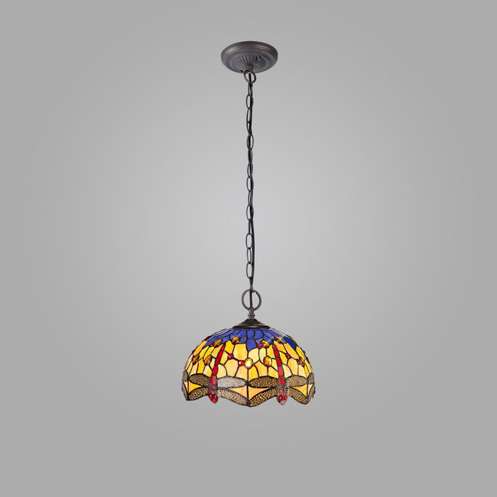 Nelson Lighting NLK00689 Heidi 2 Light Down Lighter Pendant With 30cm Tiffany Shade Blue/Orange/Crystal/Aged Antique Brass