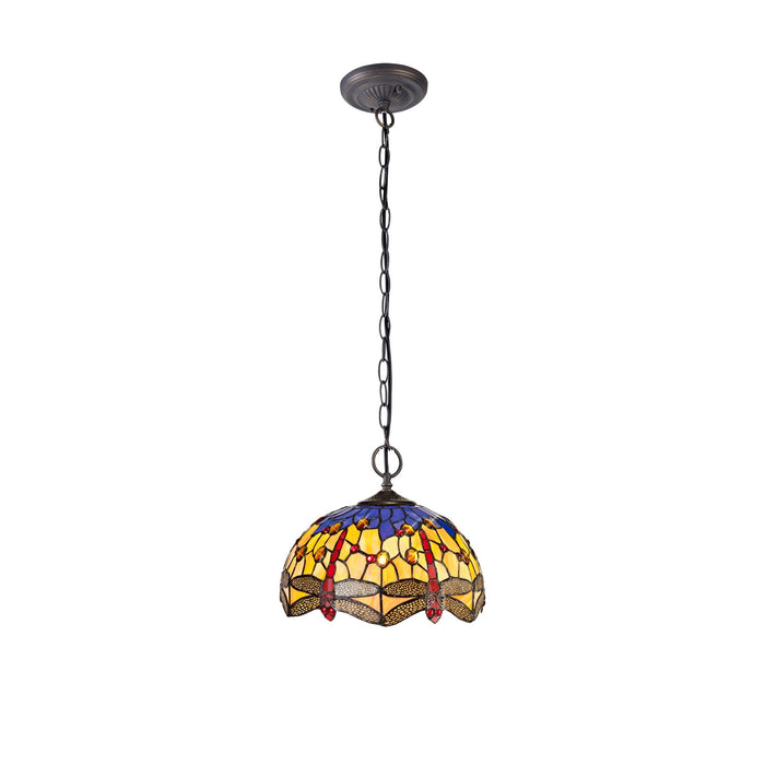 Nelson Lighting NLK00689 Heidi 2 Light Down Lighter Pendant With 30cm Tiffany Shade Blue/Orange/Crystal/Aged Antique Brass