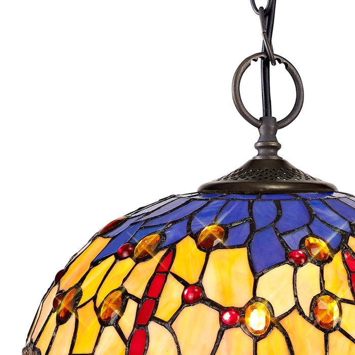 Nelson Lighting NLK00689 Heidi 2 Light Down Lighter Pendant With 30cm Tiffany Shade Blue/Orange/Crystal/Aged Antique Brass