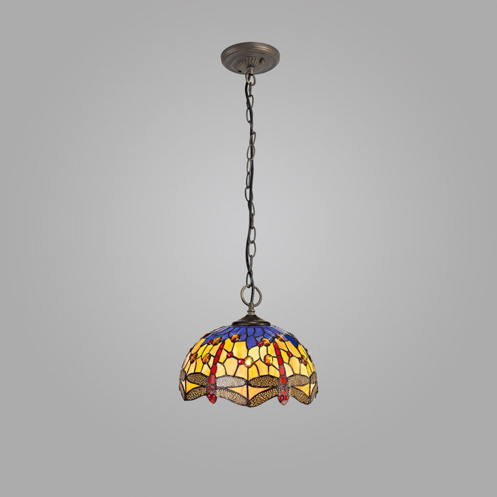 Nelson Lighting NLK00699 Heidi 3 Light Down Lighter Pendant With 30cm Tiffany Shade Blue/Orange/Crystal/Aged Antique Brass