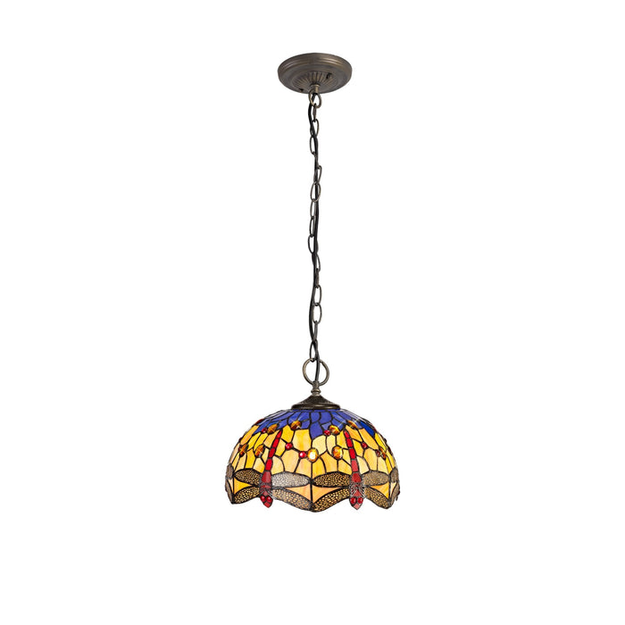 Nelson Lighting NLK00699 Heidi 3 Light Down Lighter Pendant With 30cm Tiffany Shade Blue/Orange/Crystal/Aged Antique Brass