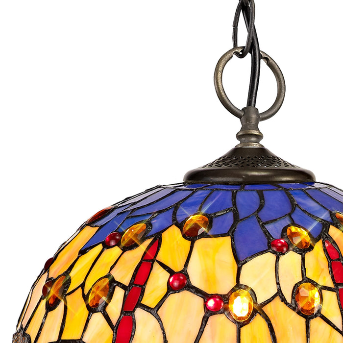 Nelson Lighting NLK00699 Heidi 3 Light Down Lighter Pendant With 30cm Tiffany Shade Blue/Orange/Crystal/Aged Antique Brass