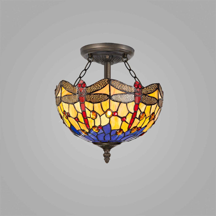 Nelson Lighting NLK00709 Heidi 2 Light Semi Ceiling With 30cm Tiffany Shade Blue/Orange/Crystal/Aged Antique Brass