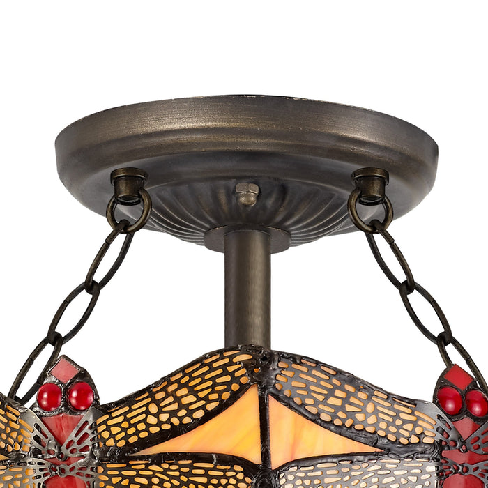 Nelson Lighting NLK00709 Heidi 2 Light Semi Ceiling With 30cm Tiffany Shade Blue/Orange/Crystal/Aged Antique Brass