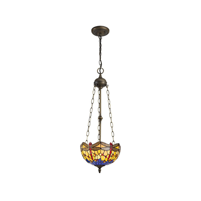 Nelson Lighting NLK00739 Heidi 3 Light Up Lighter Pendant With 30cm Tiffany Shade Blue/Orange/Crystal/Aged Antique Brass