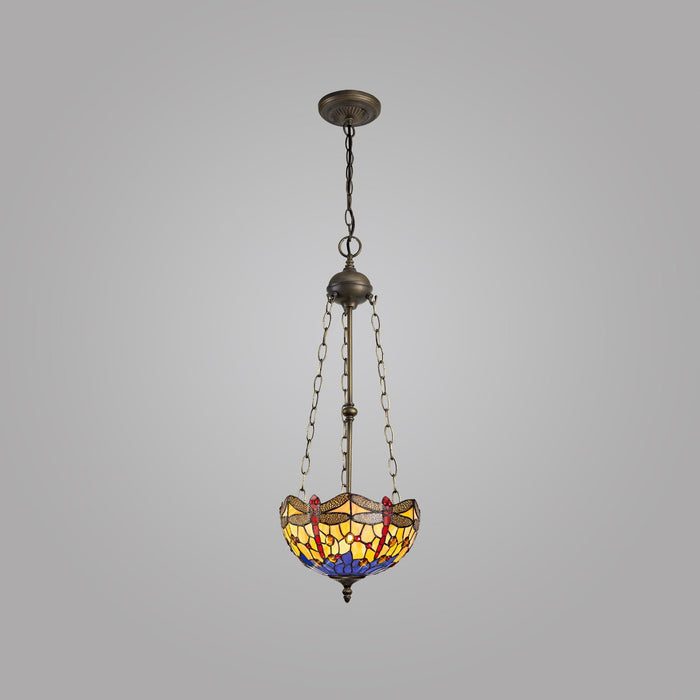 Nelson Lighting NLK00739 Heidi 3 Light Up Lighter Pendant With 30cm Tiffany Shade Blue/Orange/Crystal/Aged Antique Brass