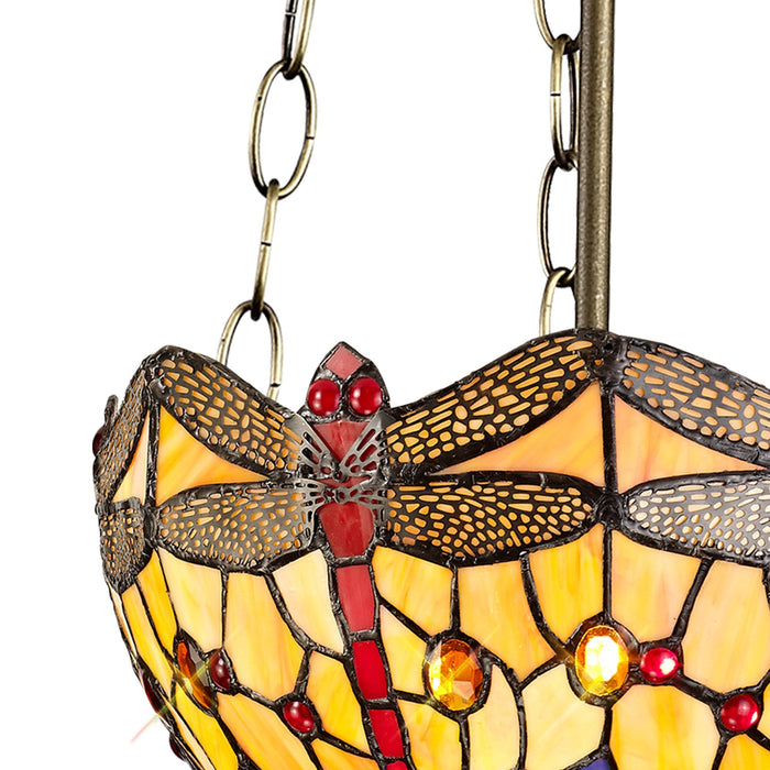 Nelson Lighting NLK00739 Heidi 3 Light Up Lighter Pendant With 30cm Tiffany Shade Blue/Orange/Crystal/Aged Antique Brass