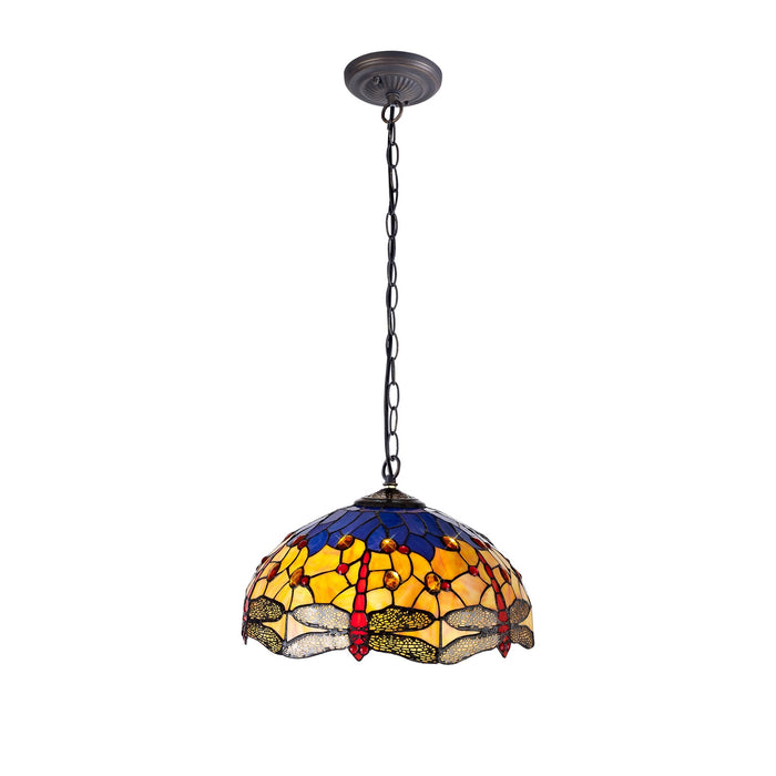 Nelson Lighting NLK00769 Heidi 1 Light Down Lighter Pendant With 40cm Tiffany Shade Blue/Orange/Crystal/Aged Antique Brass