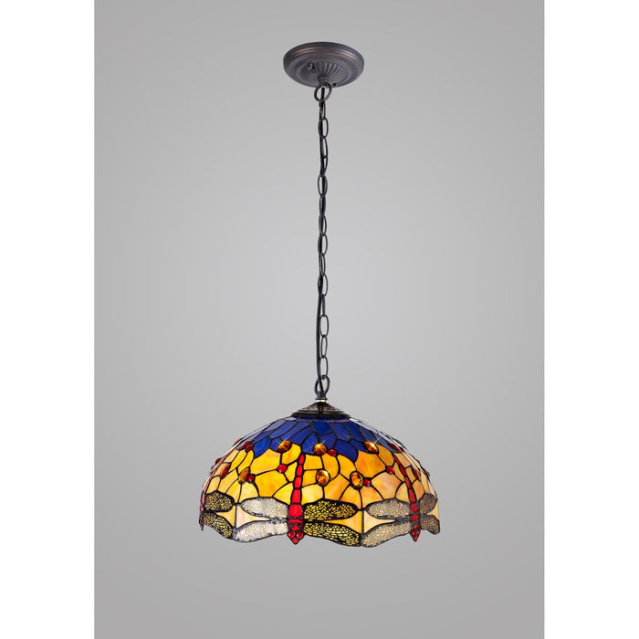 Nelson Lighting NLK00769 Heidi 1 Light Down Lighter Pendant With 40cm Tiffany Shade Blue/Orange/Crystal/Aged Antique Brass