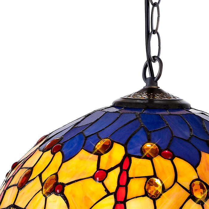 Nelson Lighting NLK00769 Heidi 1 Light Down Lighter Pendant With 40cm Tiffany Shade Blue/Orange/Crystal/Aged Antique Brass