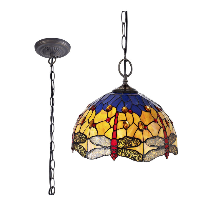 Nelson Lighting NLK00779 Heidi 2 Light Down Lighter Pendant With 40cm Tiffany Shade Blue/Orange/Crystal/Aged Antique Brass