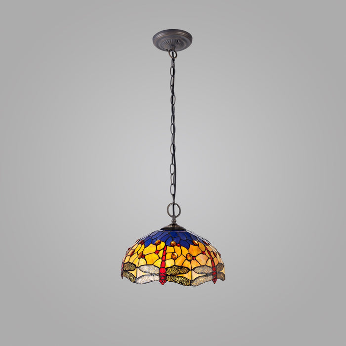 Nelson Lighting NLK00779 Heidi 2 Light Down Lighter Pendant With 40cm Tiffany Shade Blue/Orange/Crystal/Aged Antique Brass