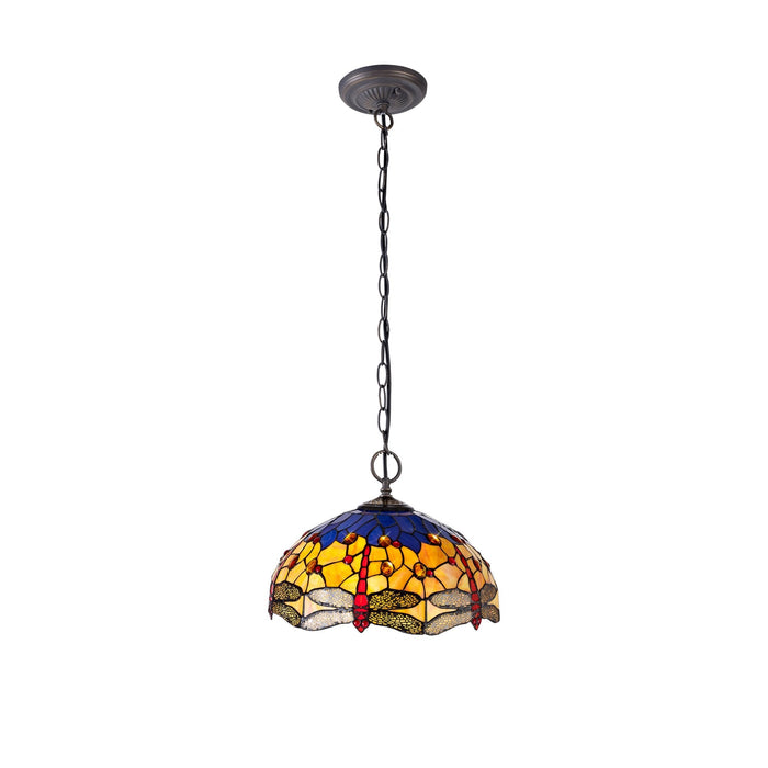 Nelson Lighting NLK00779 Heidi 2 Light Down Lighter Pendant With 40cm Tiffany Shade Blue/Orange/Crystal/Aged Antique Brass