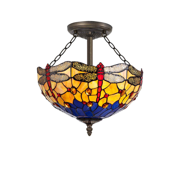 Nelson Lighting NLK00799 Heidi 3 Light Semi Ceiling With 40cm Tiffany Shade Blue/Orange/Crystal/Aged Antique Brass