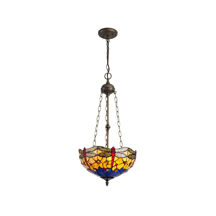 Nelson Lighting NLK00809 Heidi 3 Light Up Lighter Pendant With 40cm Tiffany Shade Blue/Orange/Crystal/Aged Antique Brass