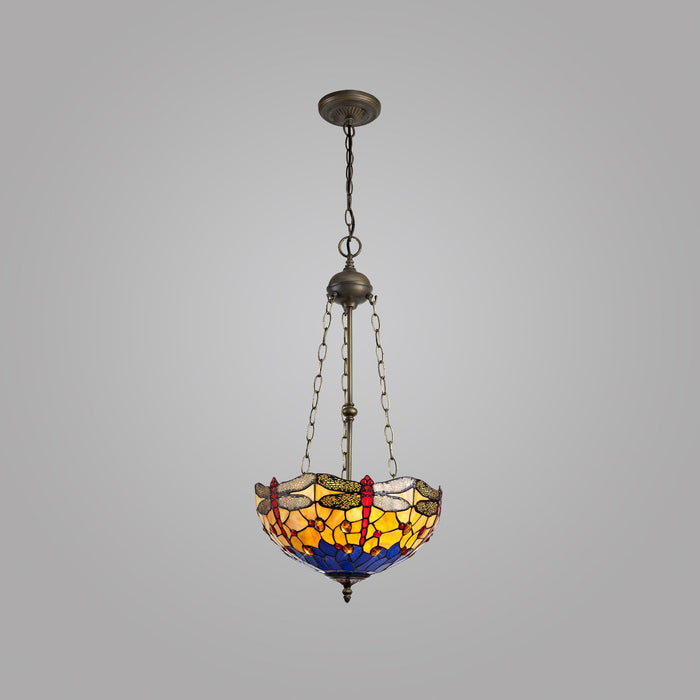 Nelson Lighting NLK00809 Heidi 3 Light Up Lighter Pendant With 40cm Tiffany Shade Blue/Orange/Crystal/Aged Antique Brass