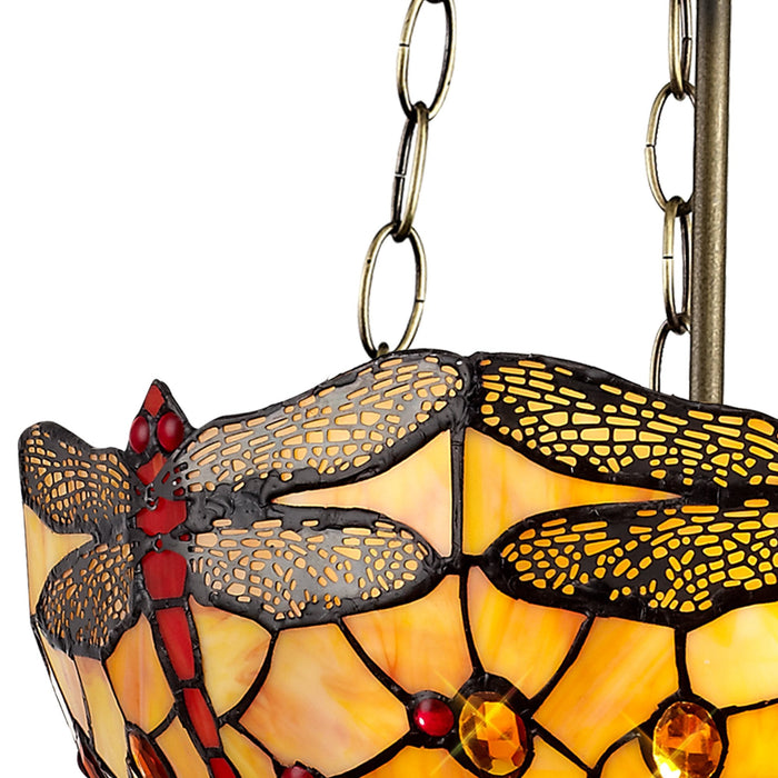 Nelson Lighting NLK00809 Heidi 3 Light Up Lighter Pendant With 40cm Tiffany Shade Blue/Orange/Crystal/Aged Antique Brass