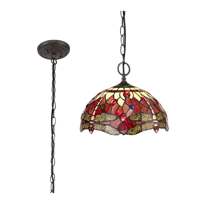 Nelson Lighting NLK00909 Heidi 2 Light Down Lighter Pendant With 30cm Tiffany Shade Purple/Pink/Crystal/Aged Antique Brass