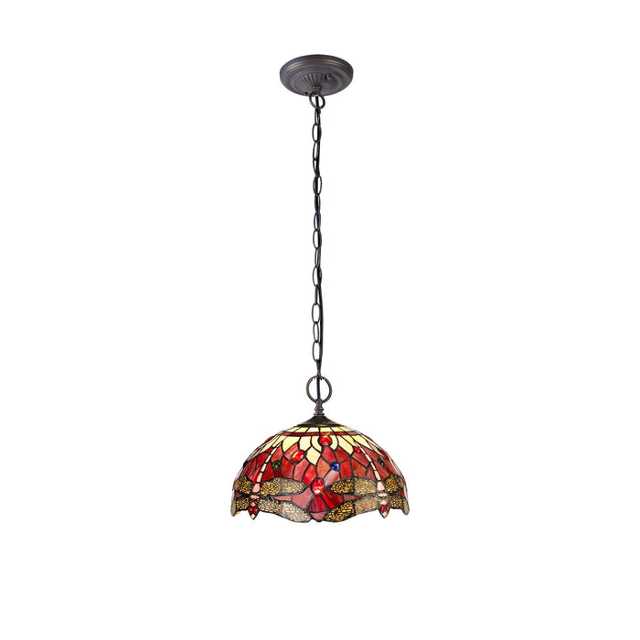 Nelson Lighting NLK00909 Heidi 2 Light Down Lighter Pendant With 30cm Tiffany Shade Purple/Pink/Crystal/Aged Antique Brass