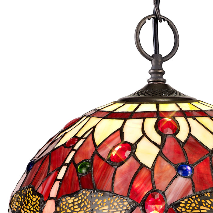 Nelson Lighting NLK00909 Heidi 2 Light Down Lighter Pendant With 30cm Tiffany Shade Purple/Pink/Crystal/Aged Antique Brass