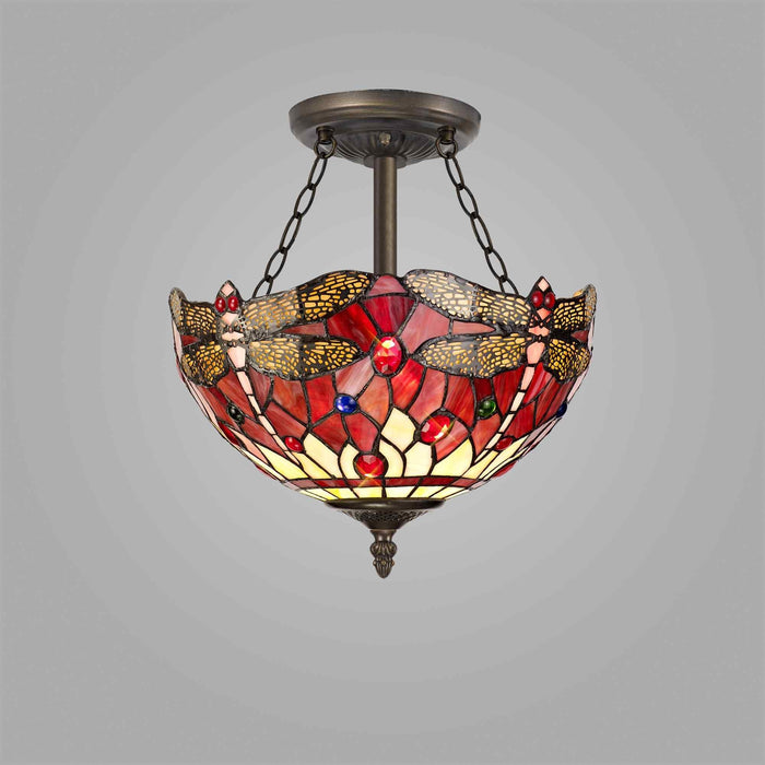 Nelson Lighting NLK00939 Heidi 3 Light Semi Ceiling With 30cm Tiffany Shade Purple/Pink/Crystal/Aged Antique Brass