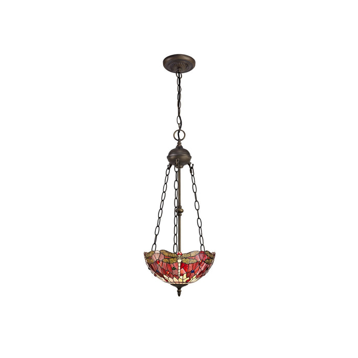 Nelson Lighting NLK00949 Heidi 2 Light Up Lighter Pendant With 30cm Tiffany Shade Purple/Pink/Crystal/Aged Antique Brass