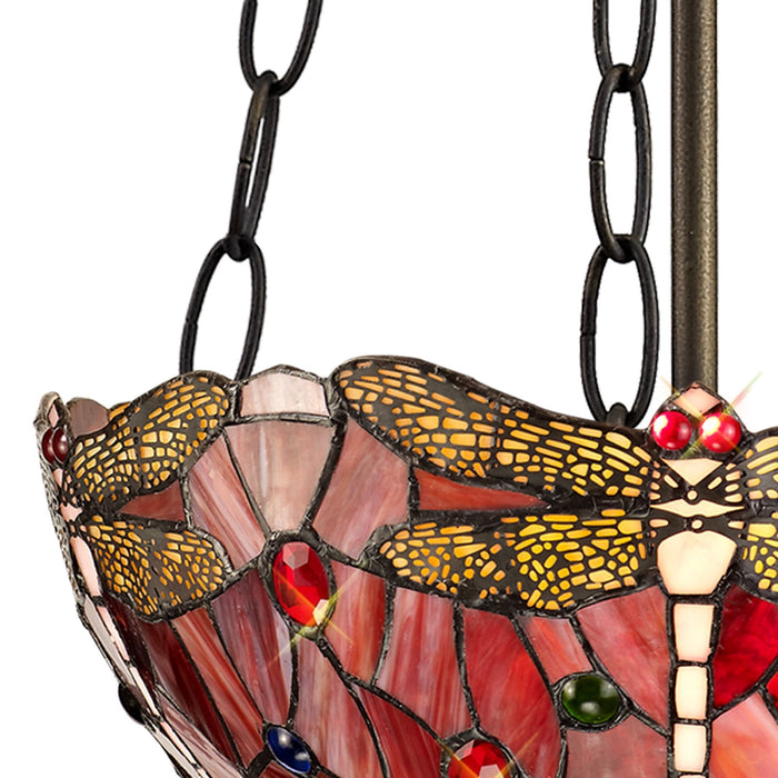 Nelson Lighting NLK00949 Heidi 2 Light Up Lighter Pendant With 30cm Tiffany Shade Purple/Pink/Crystal/Aged Antique Brass