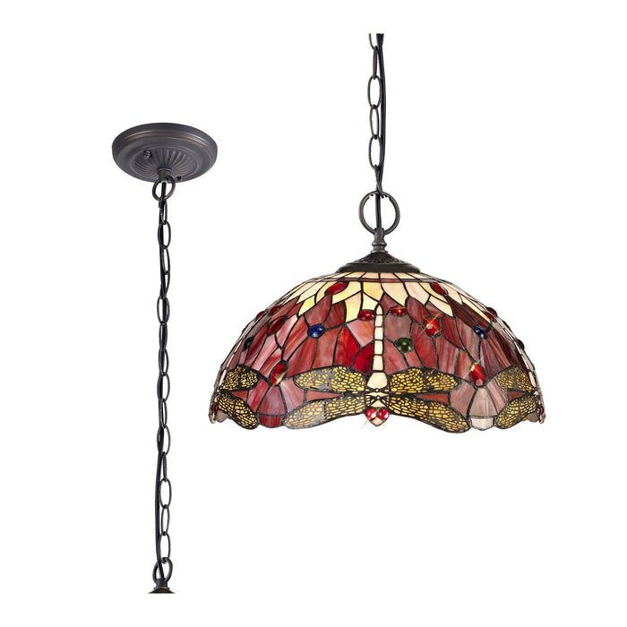 Nelson Lighting NLK01009 Heidi 2 Light Down Lighter Pendant With 40cm Tiffany Shade Purple/Pink/Crystal/Aged Antique Brass