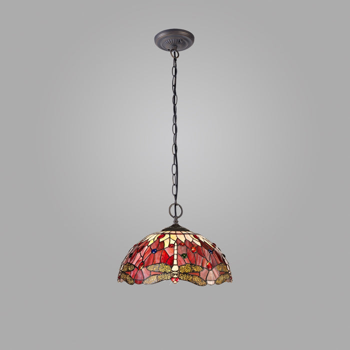 Nelson Lighting NLK01009 Heidi 2 Light Down Lighter Pendant With 40cm Tiffany Shade Purple/Pink/Crystal/Aged Antique Brass