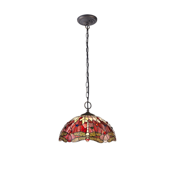 Nelson Lighting NLK01009 Heidi 2 Light Down Lighter Pendant With 40cm Tiffany Shade Purple/Pink/Crystal/Aged Antique Brass