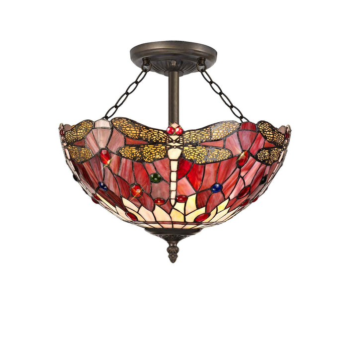 Nelson Lighting NLK01029 Heidi 3 Light Semi Ceiling With 40cm Tiffany Shade Purple/Pink/Crystal/Aged Antique Brass