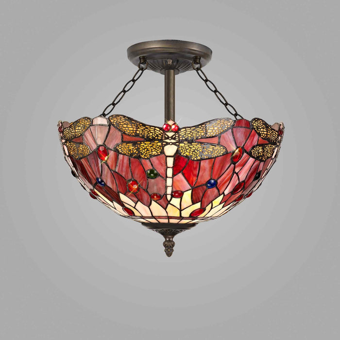 Nelson Lighting NLK01029 Heidi 3 Light Semi Ceiling With 40cm Tiffany Shade Purple/Pink/Crystal/Aged Antique Brass